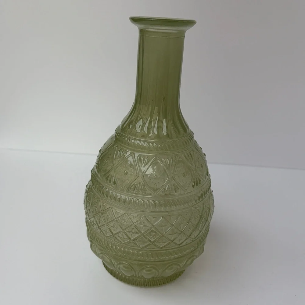 VTG Green Vase Boho Chic Glass‎ Bottle No Stopper 60s